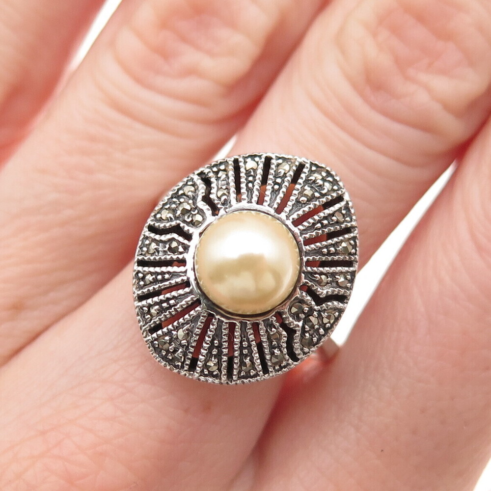 925 Sterling Silver Vintage Faux Pearl Real Marcasite Oxidized Ring Size 8